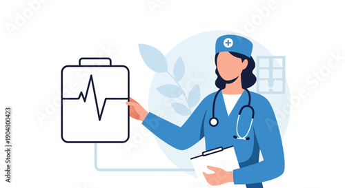Female Doctor or Nurse Analyzing ECG Heart Monitor Data. Medical Professional Presenting Diagnosis. Healthcare and Cardiology Vector Illustration.