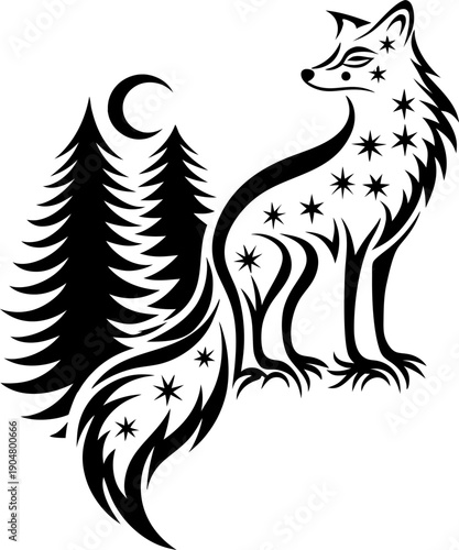 Mystical fox silhouette with celestial stars and moon, decorative forest animal illustration, fantasy woodland night art design