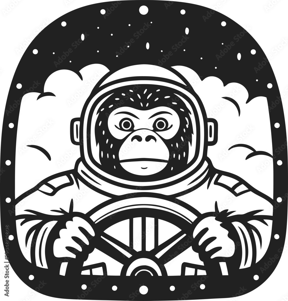 Obraz premium monkey astronaut piloting spaceship, space exploration, cosmos adventure, animal in space suit, flying in galaxy
