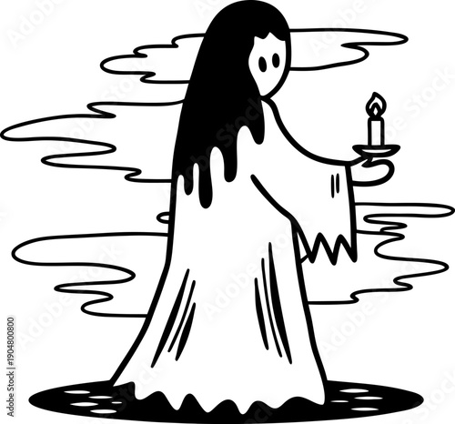 Ghostly figure holding a lit candle, dark haunting silhouette with flowing cloak and eerie atmosphere