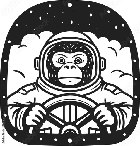 monkey astronaut piloting spaceship, space exploration, cosmos adventure, animal in space suit, flying in galaxy