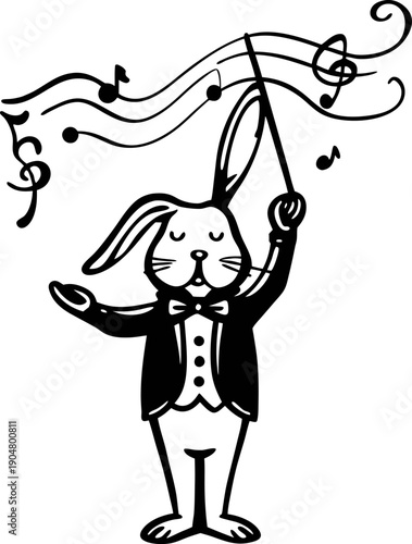 rabbit conductor in tuxedo leading music with baton, musical notes flowing above, whimsical illustration