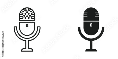 Two vintage style microphones are depicted in a black and white illustration showcasing different designs and forms high quality professional detailed modern elegant stylish clean crisp