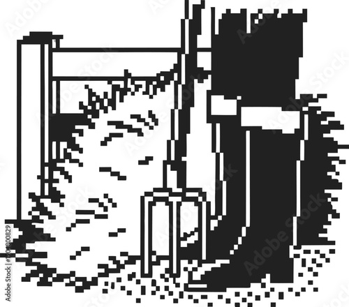 Gardening tools and rubber boots by rake and straw pile, outdoor yard maintenance equipment concept