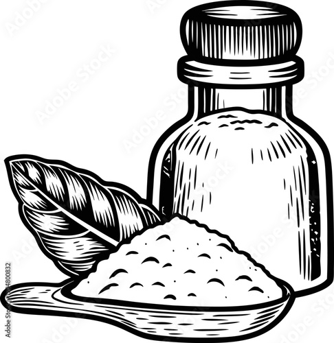 Salt shaker with a wooden spoon full of salt and two leaves, vintage black and white engraving illustration