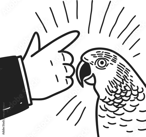Hand snapping fingers near attentive parrot head, illustrated black and white drawing