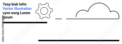 Technology, networking, cloud storage, tech infrastructure, automation, system development. Gear icon next to a cloud shape on a minimal background. Technology and networking visuals