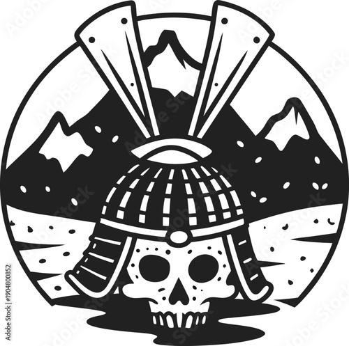 Samurai skull wearing traditional helmet with mountains background in circular design, dark gothic warrior emblem