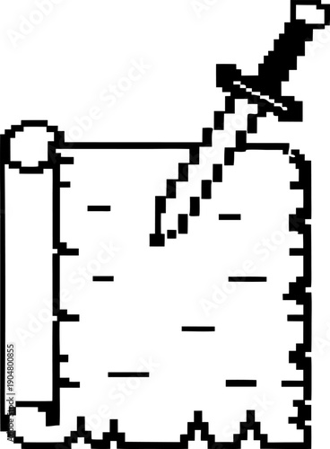 Pixel art vintage parchment scroll with a dagger stabbed into it symbolizing secret message or betrayal theme