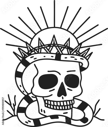 Skull with crown of thorns and radiant halo surrounded by a coiled snake and thorny branches illustration