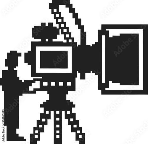 Pixel art illustration of a person operating a vintage film camera on tripod with large spotlight