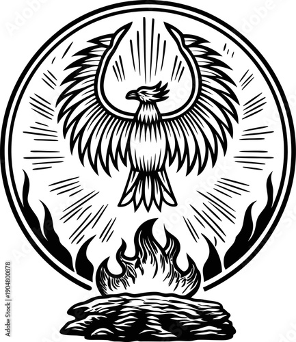 Phoenix rising from flames with radiant wings in circular emblem design, symbolizing rebirth and transformation