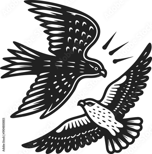Two hawks in mid flight, wings spread wide, detailed feather patterns, aggressive confrontation in the sky