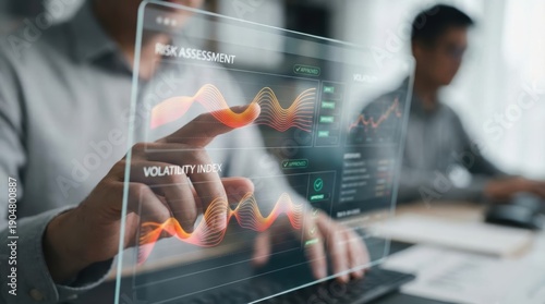 Businessman analyzing financial data on a futuristic holographic display with risk assessment and volatility index charts.