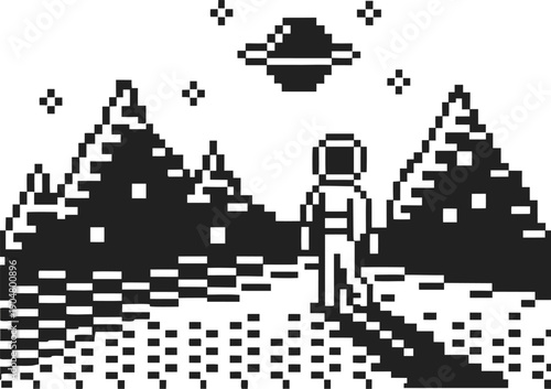 Pixel art astronaut exploring alien landscape with mountains, stars, and planet in space scene
