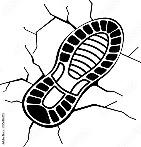 Shoe footprint on cracked ground, black and white illustration of a sole imprint with fracture lines