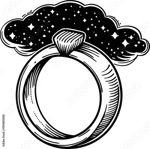 engagement ring with sparkling diamond and starry night cloud background, symbolizing love and commitment