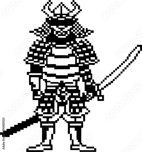 Pixel art samurai warrior holding katana sword in traditional armor standing pose black and white