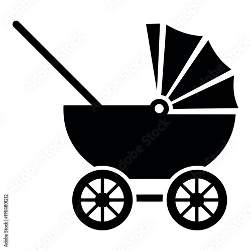 Simple black silhouette of a vintage baby carriage with canopy and wheels 