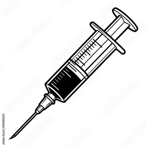 A black and white illustration of a medical syringe filled with dark liquid and a sharp needle