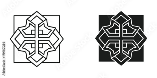 Two geometric designs are displayed a white outline on a transparent background and a black filled version high quality professional detailed modern elegant stylish clean crisp