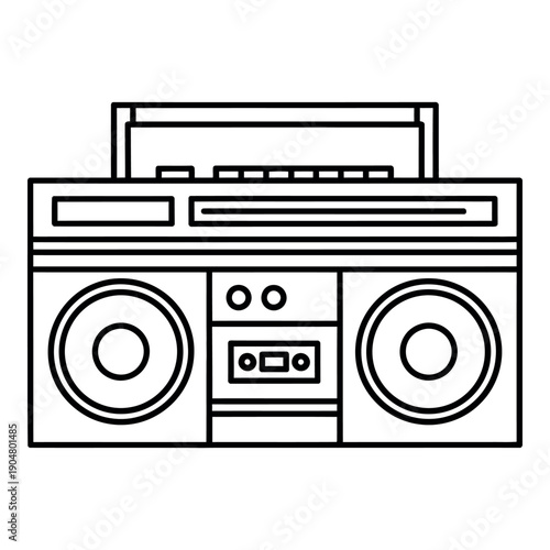 A graphic illustration of a retro boombox with cassette tape player and speakers 