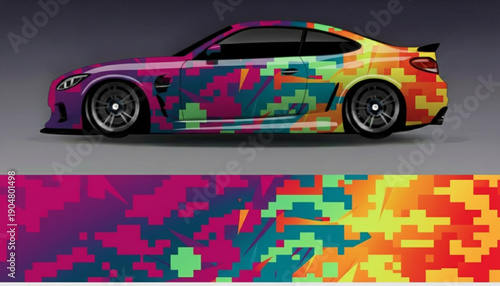 A vibrant sports car with a colorful digital camouflage wrap design, showcasing the full pattern below.