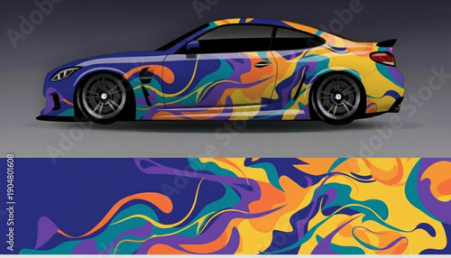 Side view of a modern sports car with a vibrant, abstract, fluid art vinyl wrap design in purple, orange, yellow, and teal colors, with the full pattern displayed below.