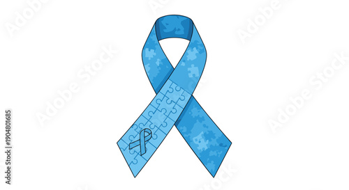 Detailed blue awareness ribbon featuring a subtle puzzle piece texture and a smaller ribbon icon, symbolizing autism