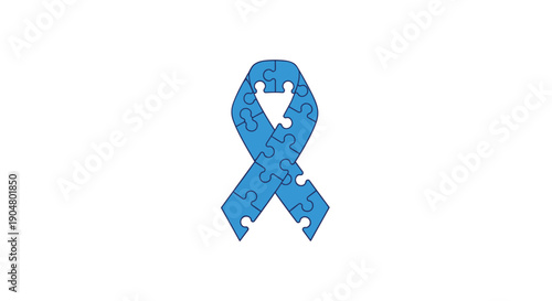 Stylized blue awareness ribbon constructed entirely from interlocking puzzle pieces, powerfully representing autism
