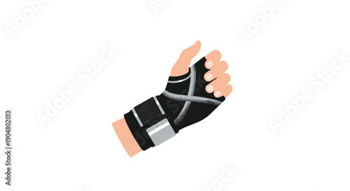 Stylized illustration of a human hand wearing a black and silver wrist wrap or compression glove, providing support for