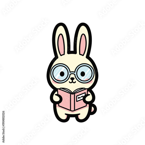 Cartoon rabbit character with glasses reading a pink book on a white background with a playful educational theme.