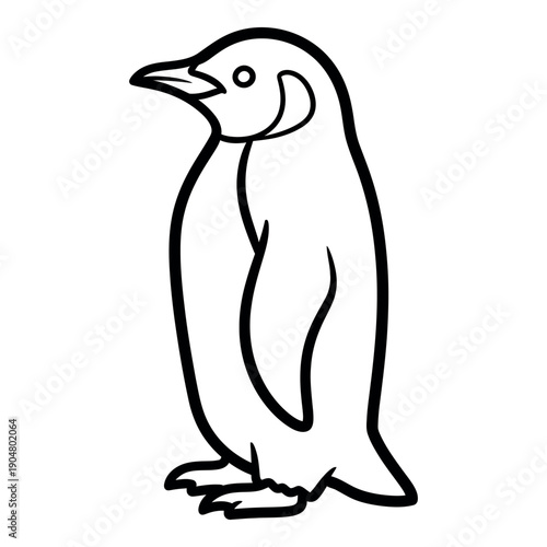 Stylized black and white illustration of a penguin standing upright with its beak pointed left