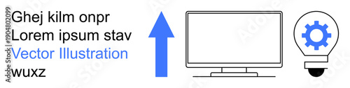 Innovation, technology advancement, progress, software development, digital tools, project management. Blue arrow, monitor gear inside a light bulb. Innovation and technology advancement concept