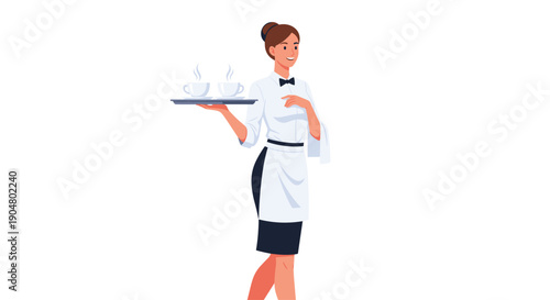 Friendly waitress holding a tray with two hot steaming coffees, smiling charmingly, ready to serve with excellent