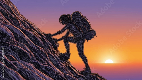 Woman climber ascends rocky mountain peak at sunset.