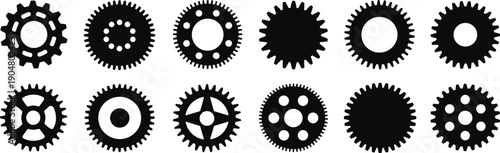 Set of black gear and cogwheel silhouettes mechanical engineering icons industrial machine parts isolated on white background