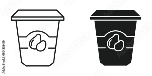 A black and white line illustration depicts two identical containers of yogurt with a peanut design on the front high quality professional detailed modern elegant stylish