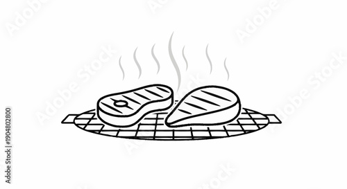 Two steaks cooking on a grill with steam rising.