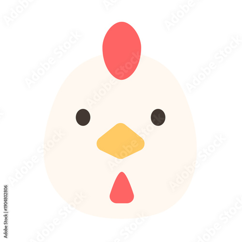 Flat illustration of a cute chicken face with small beak and comb. Ideal for farm animals, children designs, food-related graphics, and fun cartoon visuals.