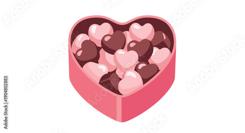 A delightful heart-shaped box overflowing with an assortment of charming pink and dark chocolate bonbons, perfect for