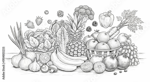 Variety of Fresh Fruits and Vegetables Hand Drawn Sketch.