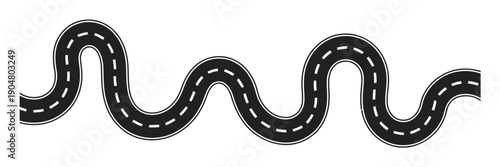 Curve asphalt road path vector design, winding highway route track isolated on white background, ideal for travel graphics, navigation layouts, road maps, transportation themes, and infographic projec