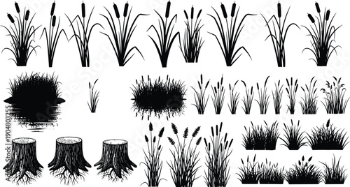 Black and white grass silhouette collection featuring reeds cattails bushes and tree stumps, natural vegetation elements, wilderness plants, landscape design vector illustration set