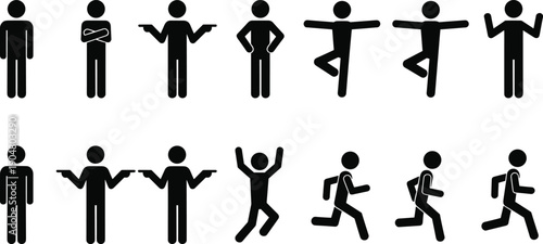 Black and white human figure pictogram icon set showing different poses, gestures and movements, stick people symbols, user interface signs, minimalist vector illustration collection