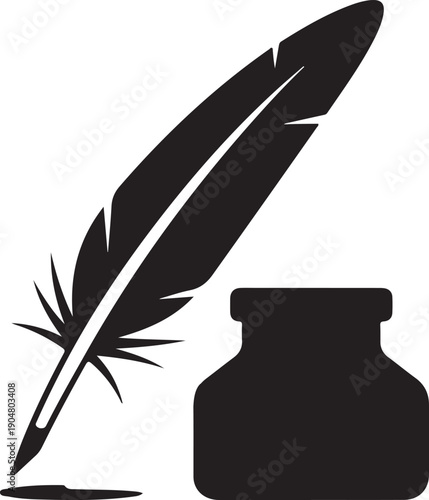 Black silhouette of a feather quill pen and inkwell on white background