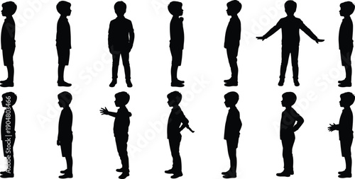 Set of boy silhouette figures showing standing side view gestures and body poses isolated on white background people vector