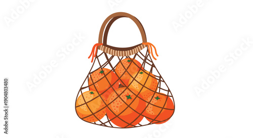 Vibrant illustration of a reusable mesh string shopping bag overflowing with fresh, ripe oranges, emphasizing healthy
