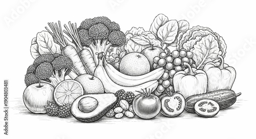 Variety of Fresh Fruits and Vegetables in Pencil Sketch.