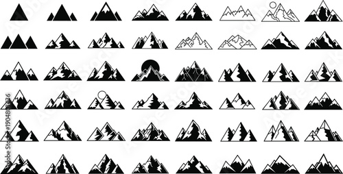 Black and white mountain silhouette icon mega collection featuring alpine peaks and ranges, minimalist landscape symbols, outdoor adventure graphics, nature vector illustration set